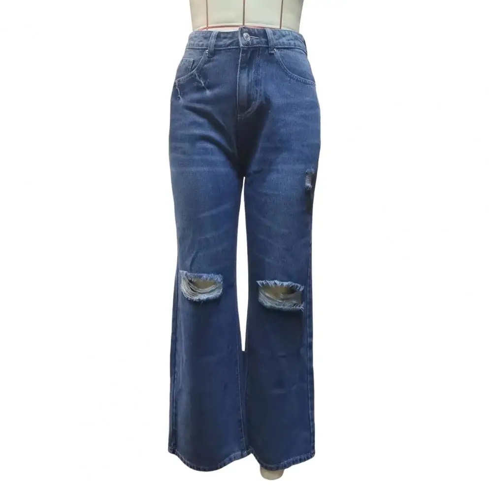 

Slim Fit Jeans Stylish Women's High Waist Wide Leg Denim Pants with Ripped Holes Button Closure Pockets for Commute Dating