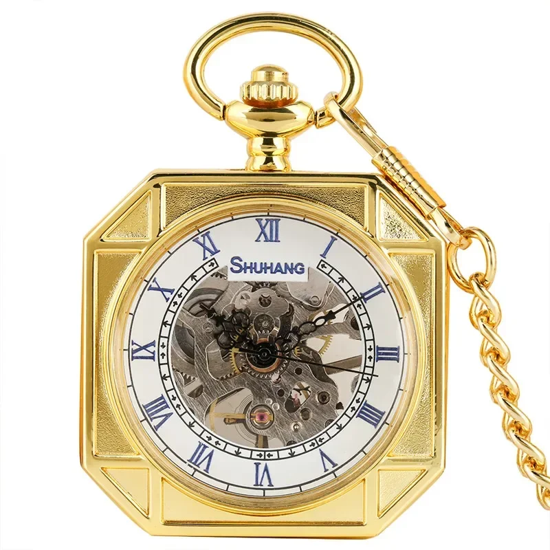 Classic Open Face Watch Men Women Hand-winding Mechanical Pocket Watch Roman Numerals Pendant Chain Fob Skeleton Clock