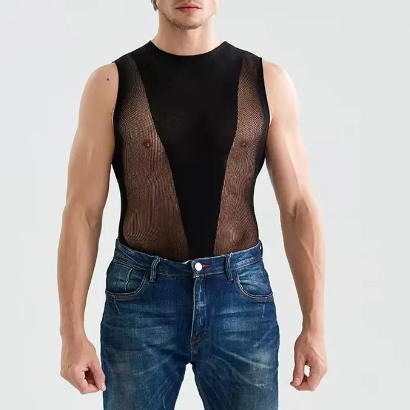 Slim Mesh Stretch Men's Top Skinny Shaping Breathable Sexy Sleeveless Vest Onesie