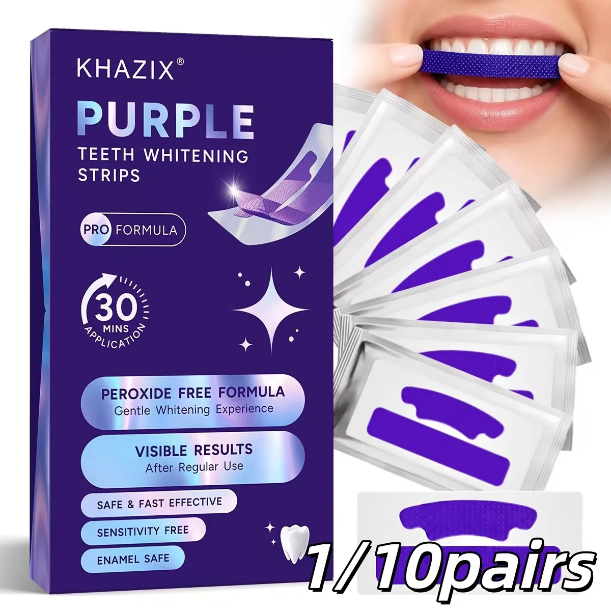 1/10 Pairs Purple Teeth Whitening Strips, Tightly Adhere to Teeth, Do Not Slide Sideways, Gently Whiten Teeth, Does Not Harm Gum
