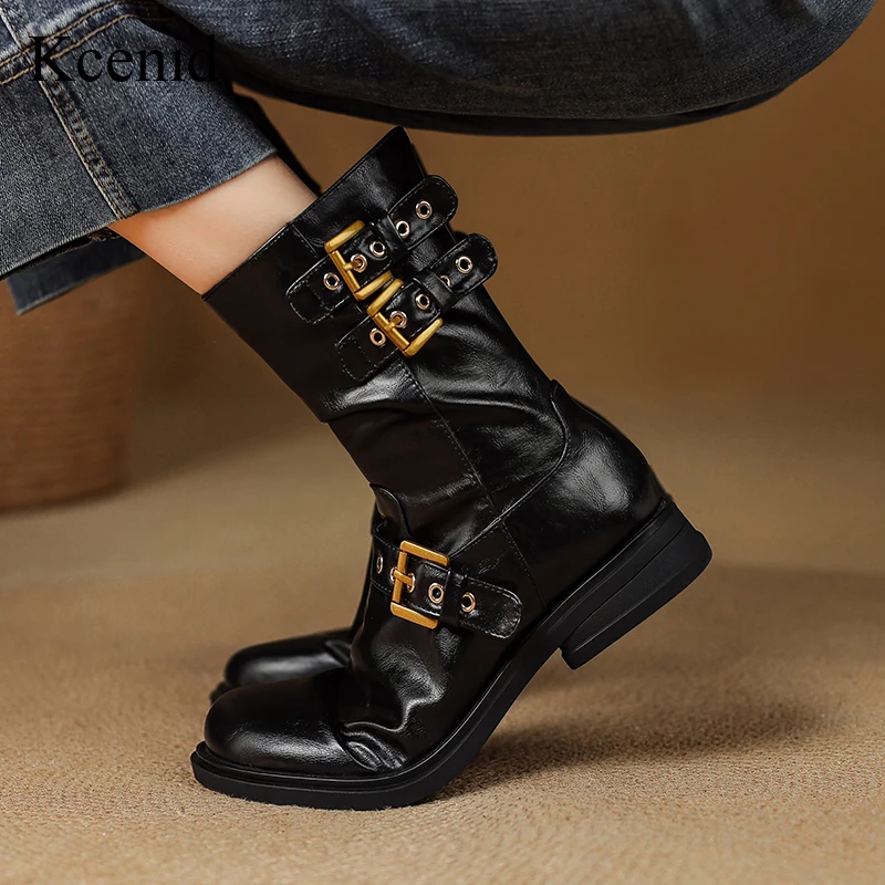 

Kcenid 2026 Autumn Winter Riding Boots Round Toe Zipper Low Heel Belt Buckle Mid-Calf boots Black Brown Shoes Women's Boots