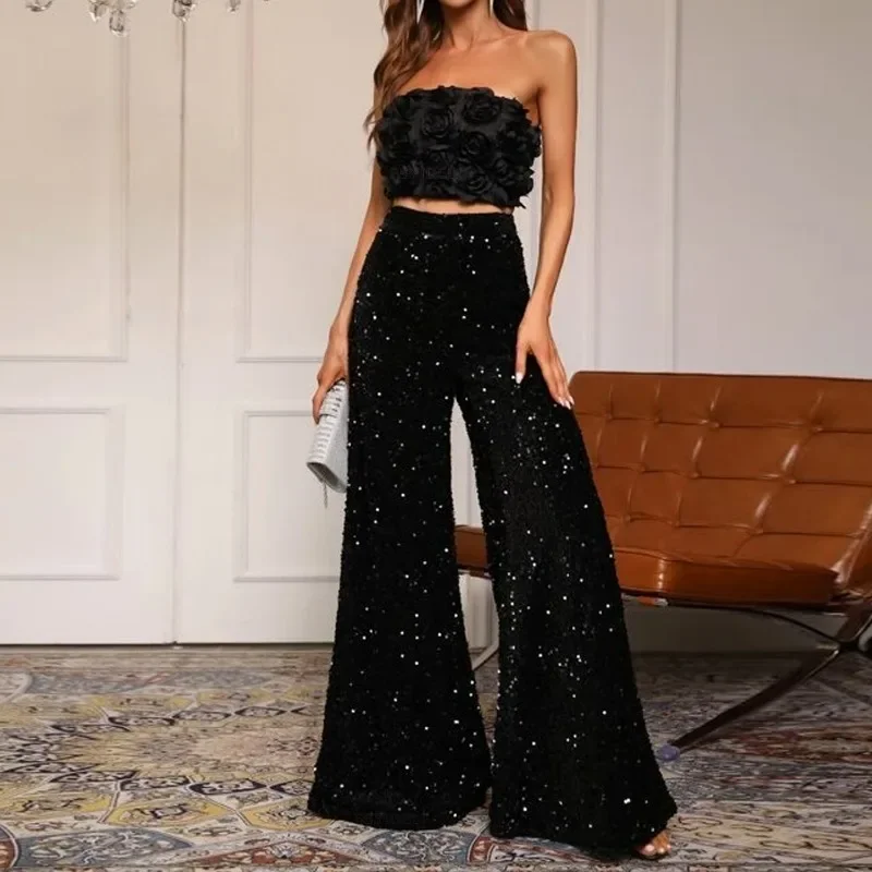 Pantaloni a gamba larga dimagranti a vita alta lucidi per pantaloni elastici a vita alta alla moda da donna per abbigliamento da strada casual da festa YDL28