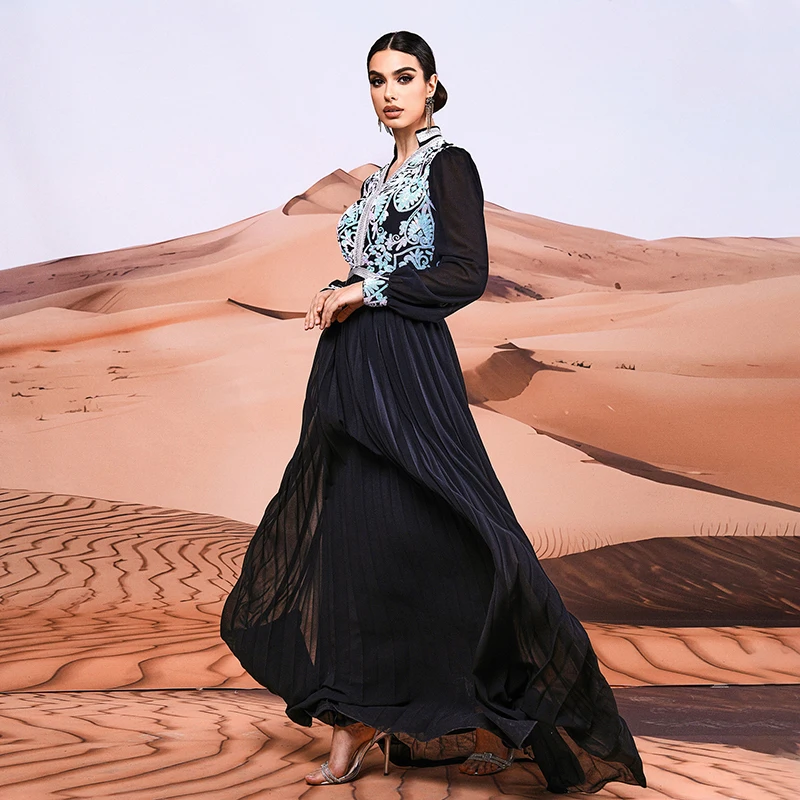 2024 Nieuwe Moslim Jurk Zwart Abaya Dubai Luxe Elegante Dames V-Hals Lovertjes Cocktail Prom Avond Feest Lange Maxi Jurken