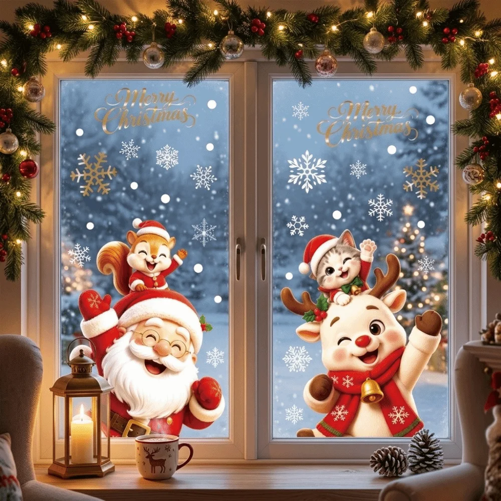 2 Sheets Santa Claus Christmas Window Stickers Deer Elk Cat Xmas Static Decals Cute Designs Self-Adhesive Static Window Stickers