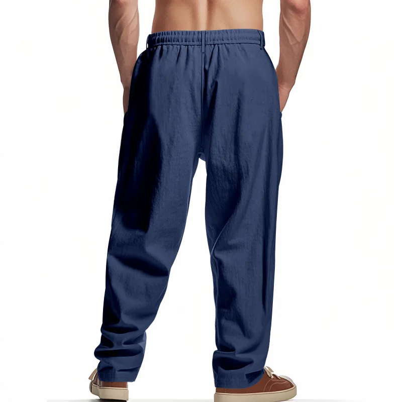 Herren Boho Leinenmischung Weite Hose mit Hoher Taille, Kordelzug, Knopfleiste, Lockerer Passform und Seitentaschen – Detail 13