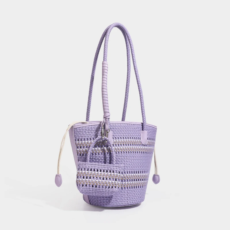 Rattan-Geflecht-Marktkorb-Schultertasche mit passender Geldbörse, handgefertigte gewebte Einkaufstasche für Damen, elegante Tragetasche – Detail 21