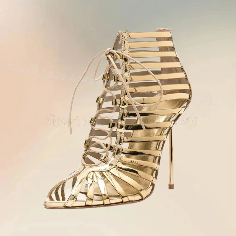 

Gold Strappy Hollow Design Metal Heel Sandals Boots Lace Up Women Shoes Thin High Heels Peep Toe Novel 2025 Zapatos Para Mujere