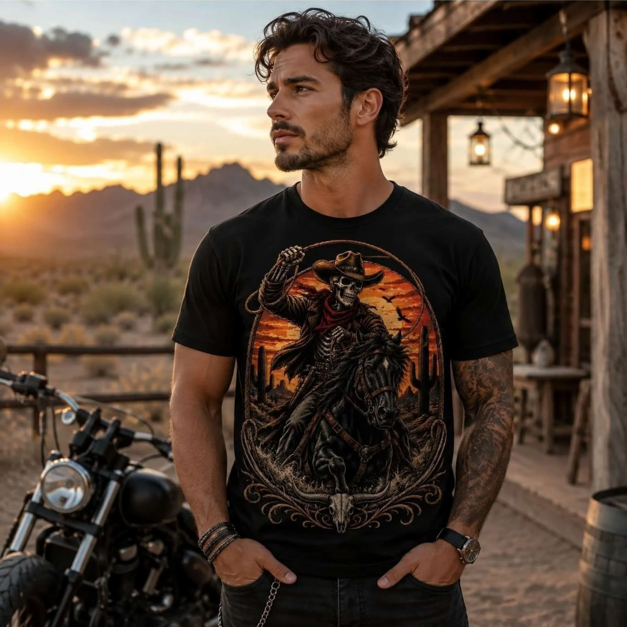 Dark Gothic Western‑Inspired Men Tee, Ornate Border Skeleton Cowboy Horse Graphic, Edgy Biker‑Style Short Sleeve Top