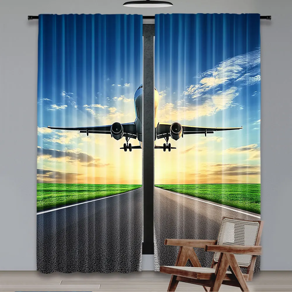 2Pcs Plane Curtain Airplane Landing Takeoff Airport Runway Rosy Clouds Sky Scene For Living Room Bedroom A