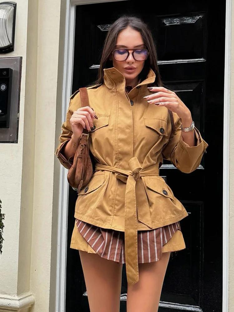 HH Damen 2-teiliges Set, modisch, einreihig, lange Ärmel, hoher Kragen, Taschengürtel, Design, Jacke + elastische Taille, kurze Culottes