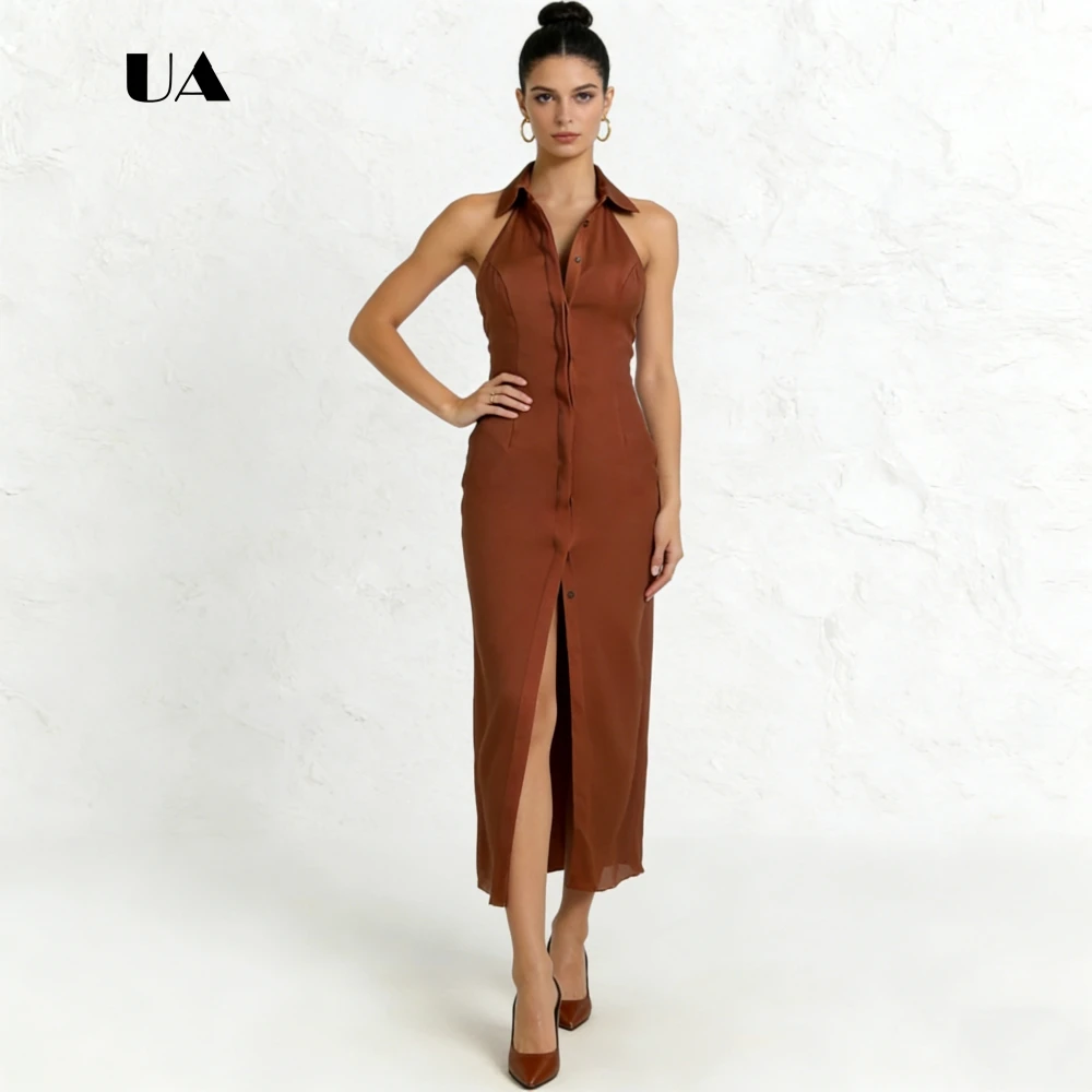 ULBYANRY Chiffon Sleeveless Prom Dress, Solid Turn-down Collar Button Evening Dress for Woman, Simple Slit Customized Party Gown