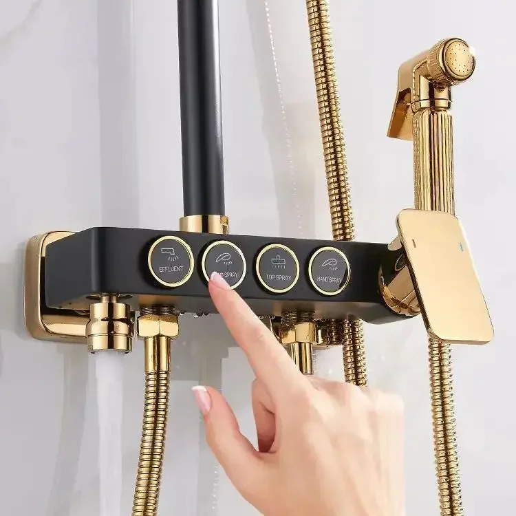 Deao Badezimmer Gold Bad Luxus Dusche Kit 4 Funktionen Klavier Messing Dusche Set Thermostat für Hotel