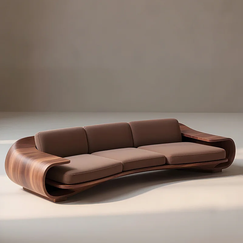 

Medieval style solid wood sofa living room high-end black walnut leather three-person design sense straight row meeting sofa