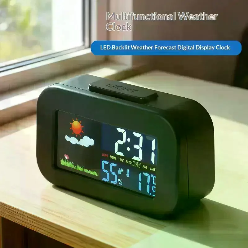 Color Display Weather Station Clock Backlit Temp Humidity Monitor for Kids Bedroom Dorm Desk