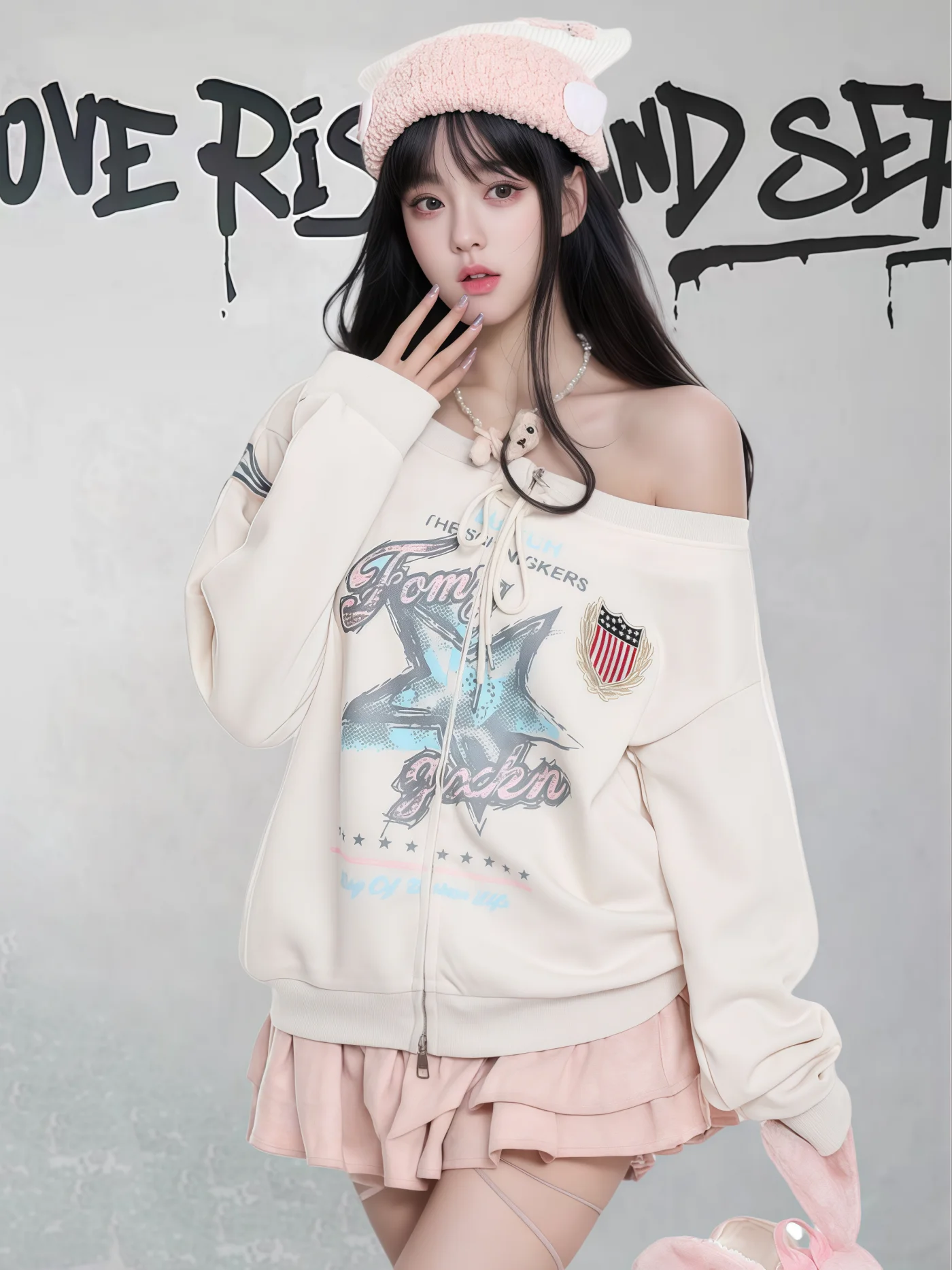 American Preppy Style Retro Star Print Off-Shoulder Long Sleeve Sweatshirt Lazy Loose Casual Lace-up Zipper Jacket Women Autumn