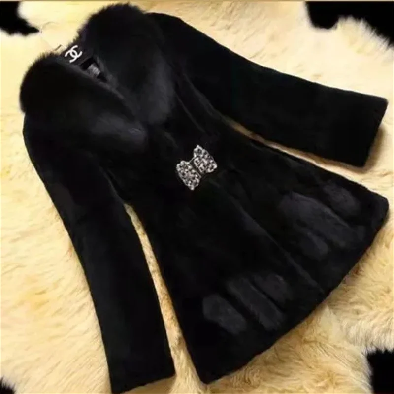 2025 outono/inverno novo casaco de pele de imitação mãe de meia idade engrossar gola de pele quente casacos femininos comprimento médio fino