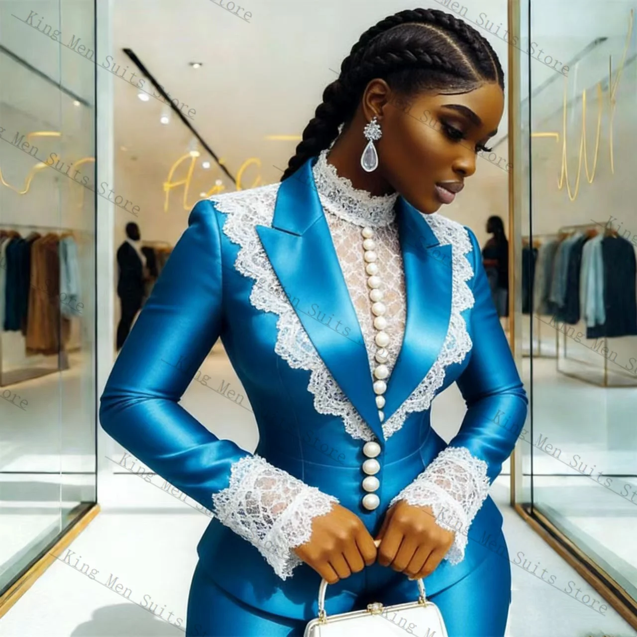 Blue Satin Lace Women Suit Set 2 Pcs Blazer+Pants Spring Autumn Customized Formal Office Lady Wedding Tuxedos Coat Jacket