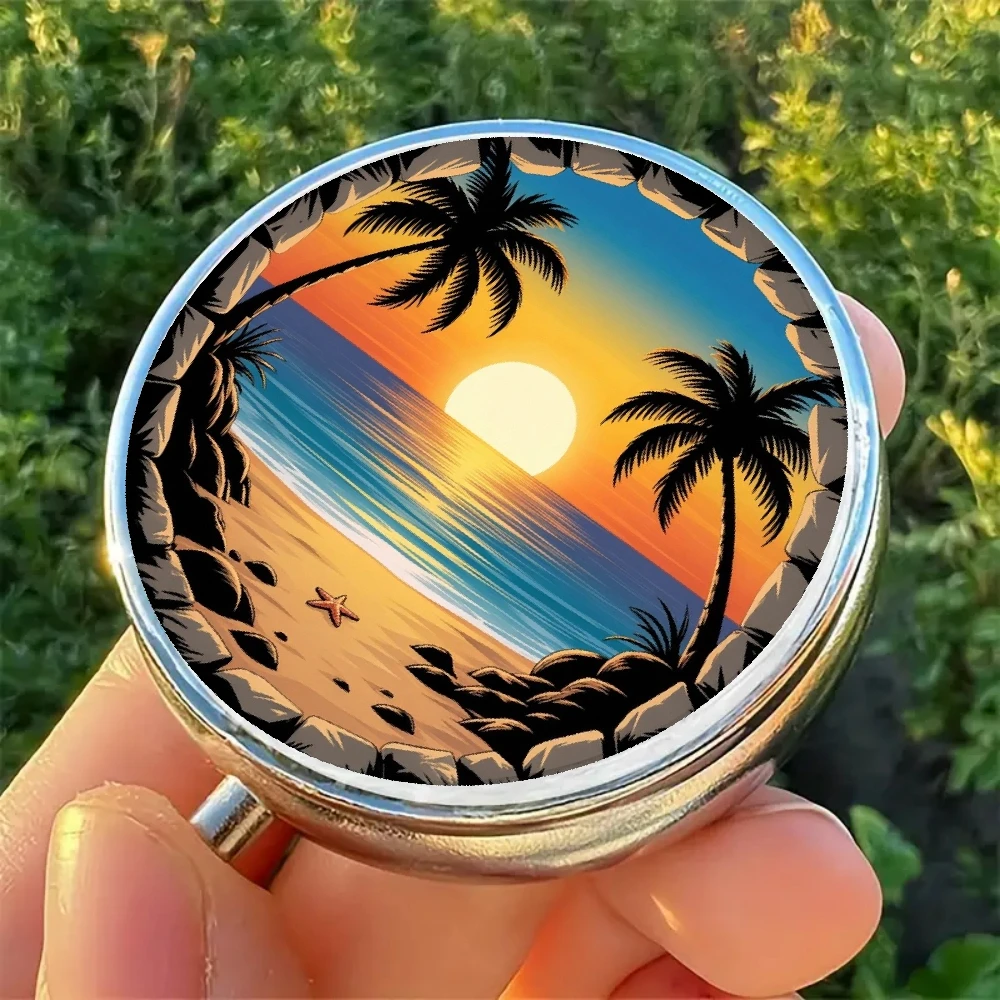 A Two-Dimensional Flat Pill Organizer with a Tropical Sunset Beach Scene Design, Featuring Palm Trees and Sea Views, and Features a Three-Compartment Design. It Is Portable and Conveniently Fits into Your Wallet Or.