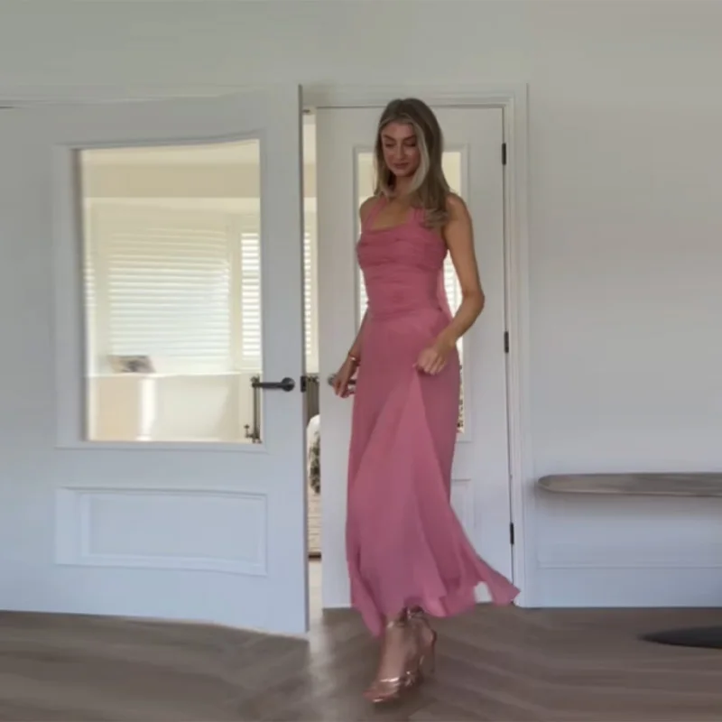 Vestido Maxi Rosa Halter para Mulheres, Sem Mangas, Costas Nuas, Com Drapeado, Vestido Longo Elegante para Noite, NOVO 2026, Vestidos de Verão para Férias