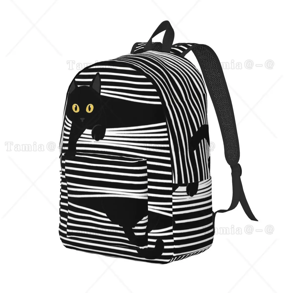 Funny Black Cat Strips Backpack Daypack Large Capacity Children BookBag School Bag Shoulder Bags for Boys Girls