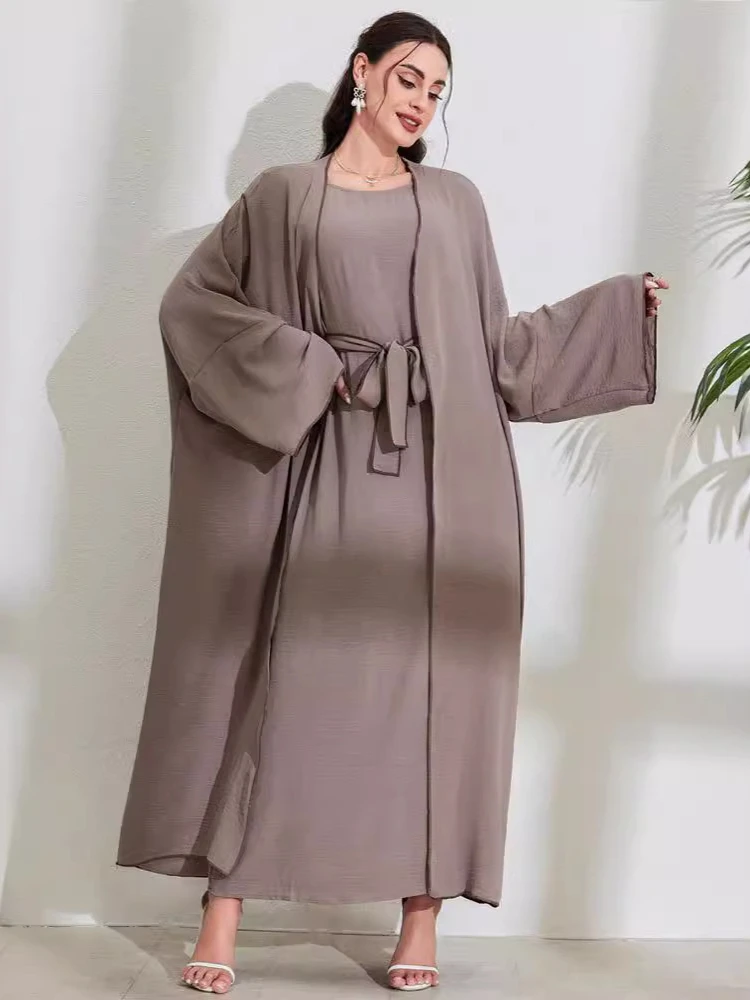 Set Muslim Abaya Desain Baru 2025 Gaun Mantel Wanita Setelan 2 Buah Pakaian Doa Idul Fitri Ramadhan Islam Arab Turki Gaun Sederhana Jubah