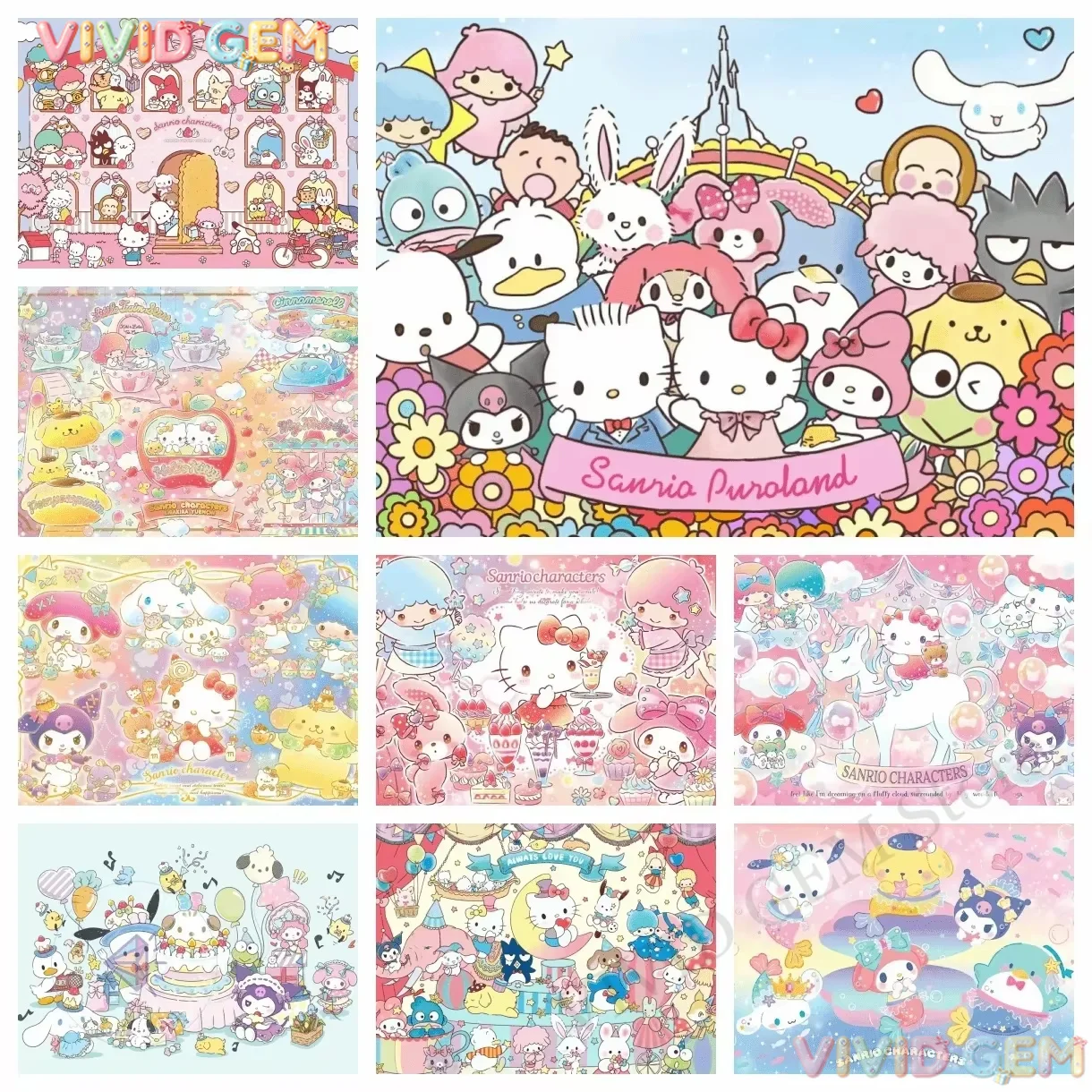 VIVID GEM 2026 Neues Sanrio Hello Kitty Pompompurin Familienfoto Voll-Diamant-Malerei DIY Kreuzstich Heimdekoration