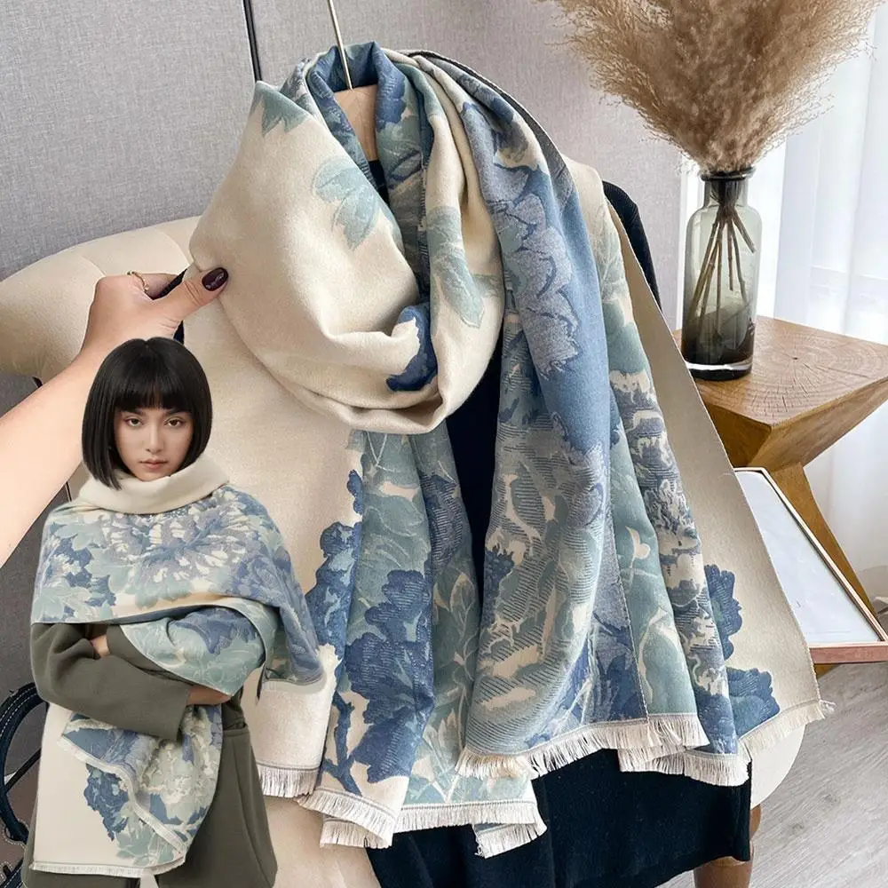 

Зимняя длинная шаль с цветком в этническом стиле, роскошная элегантная женская плюшевая мягкая теплая шаль для шеи, лыжная походная уличная морозостойкая теплая накидка