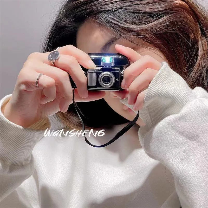 Чехол для наушников в стиле ретро с камерой, подходит для Apple Airpods Pro 1 2 3, мягкий силиконовый защитный чехол с подвесной веревкой, защитный рукав