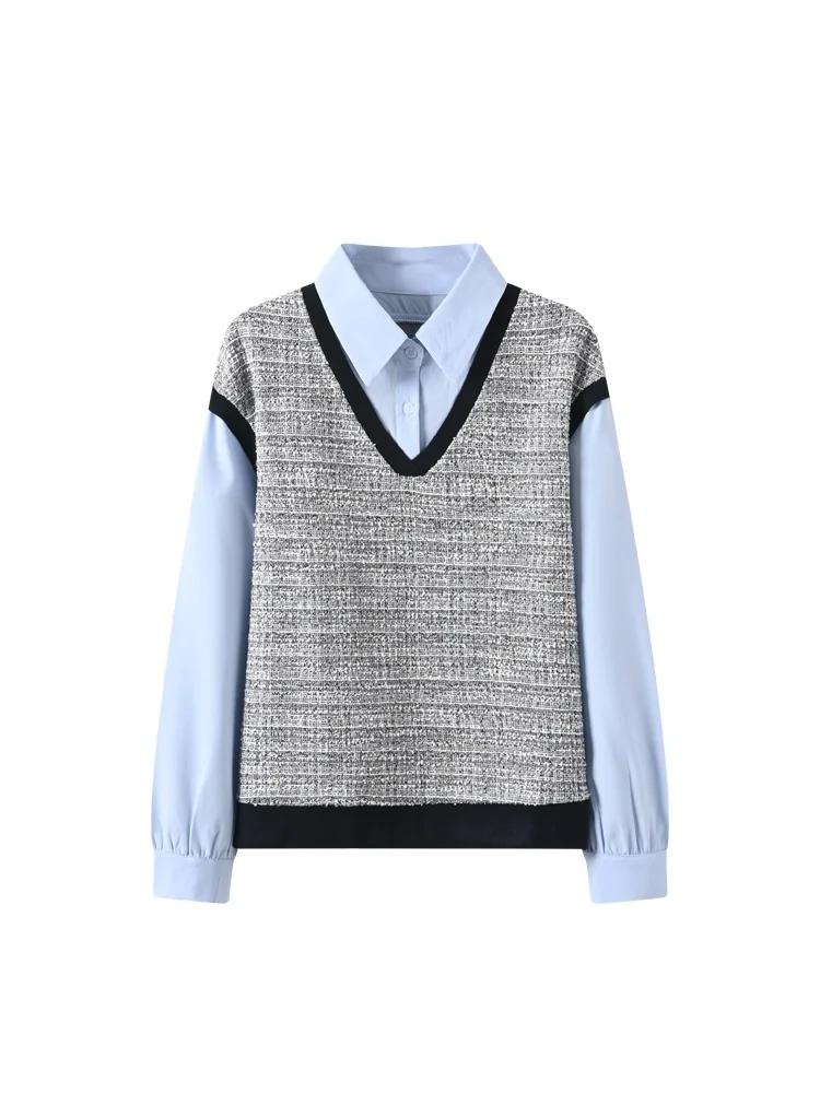 

CaraCLUB plus Size Patchwork irt Women's Loose Slimming College Sle Top Fake Two-Piece Spring Commute Polyester Cotton Blend