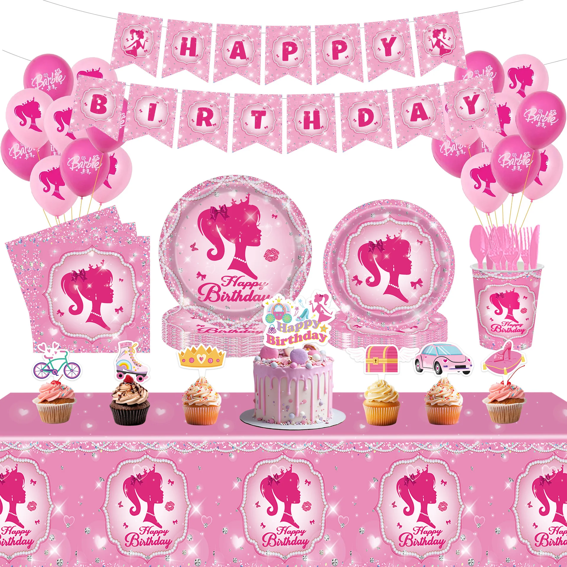 Fournitures de fête Barbies Britware pour enfants, dessin animé mignon, princesse rose, décoration de fête d'anniversaire, tasse, serviettes, assiette, cadeaux