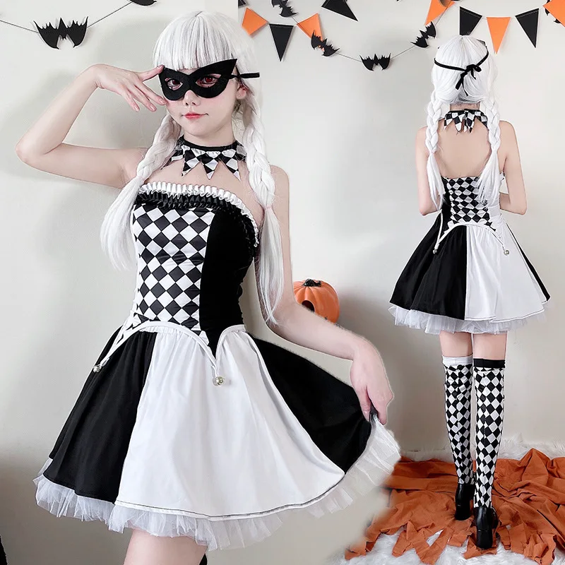 Halloween Clown Circus Costumes Japanese Anime Lolita Women Cosplay Party Dress School Girl Clown Role Play Plaid Uniform 2024