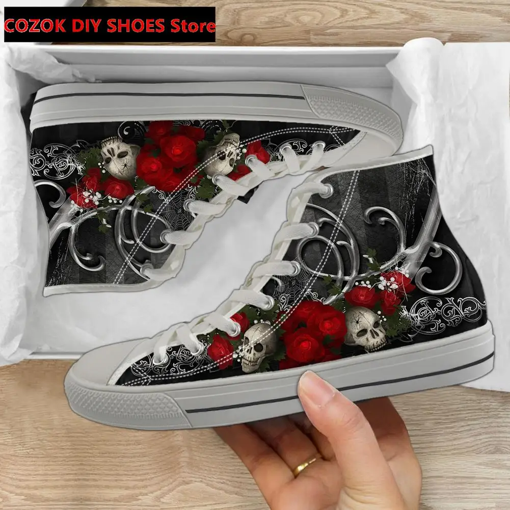 Rose Sugar Skull Print Women's Vulcanize Shoes Classic High Top Canvas Shoes Ladies Lace Up Sneakers Footwear Mujer