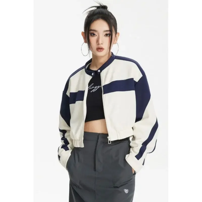 Women Cropped Bomber Jackets Vintage Y2k Korean Streetwear Retro Harajuku Preppy Style Aesthetic Patchwork Jackets Chic