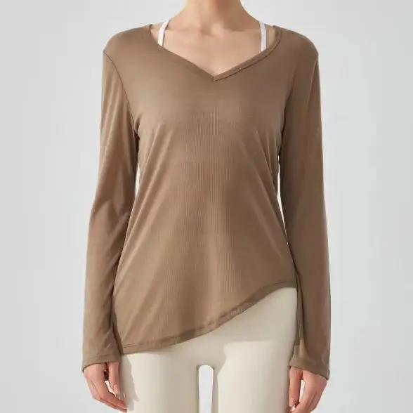Women Drawstring Lightweight Long Sleeve Athletic Top Loose Running Cover Up Hip Cover Irregular Hem Pilates Workout Yoga Shirt