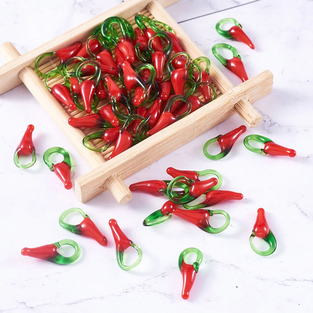 50pcs Red Hot Pepper Charms Lampwork Glass Vegetable Pendant For DIY Jewelry Earrings Necklace Making Accessories