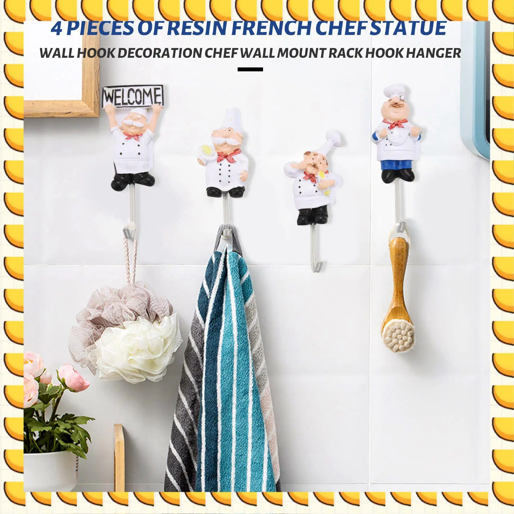 BAAU Pack Of 4 Resin French Chef Figurine Wall Hooks Decorative Cook Wall Mount Rack Hook Hanger(Assorted Style)