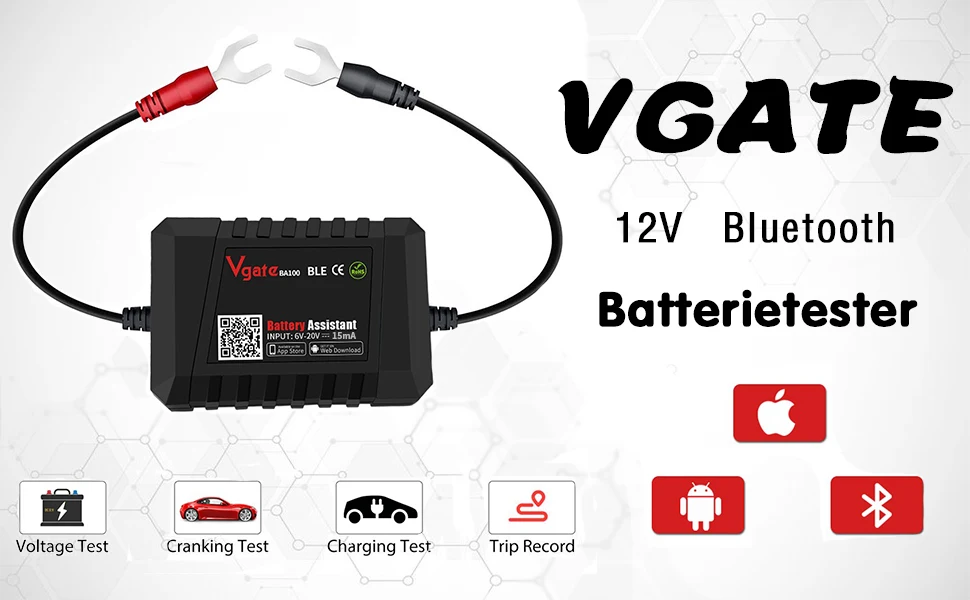 2023 Newest Vgate BA100 Car Battery Tester 12V Monitor Bluetooth 4.0 Battery Assistant work with iOS & Android Battery helper