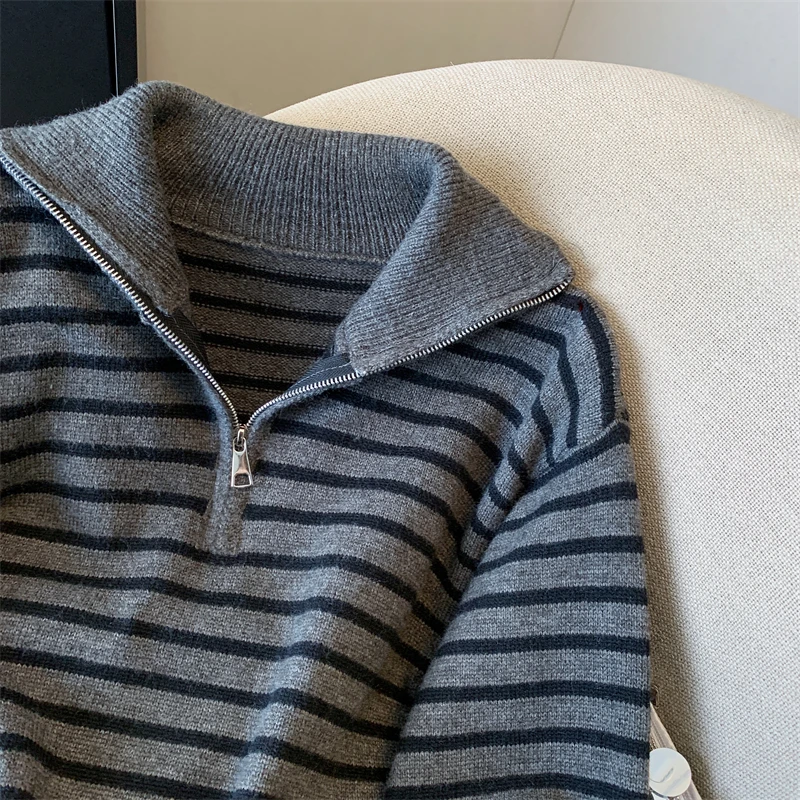 سترة نسائية مخططة غير رسمية نصف سحاب وياقة واقفة وأكمام طويلة قميص نسائي منسوج بألوان متباينة للخريف والشتاء