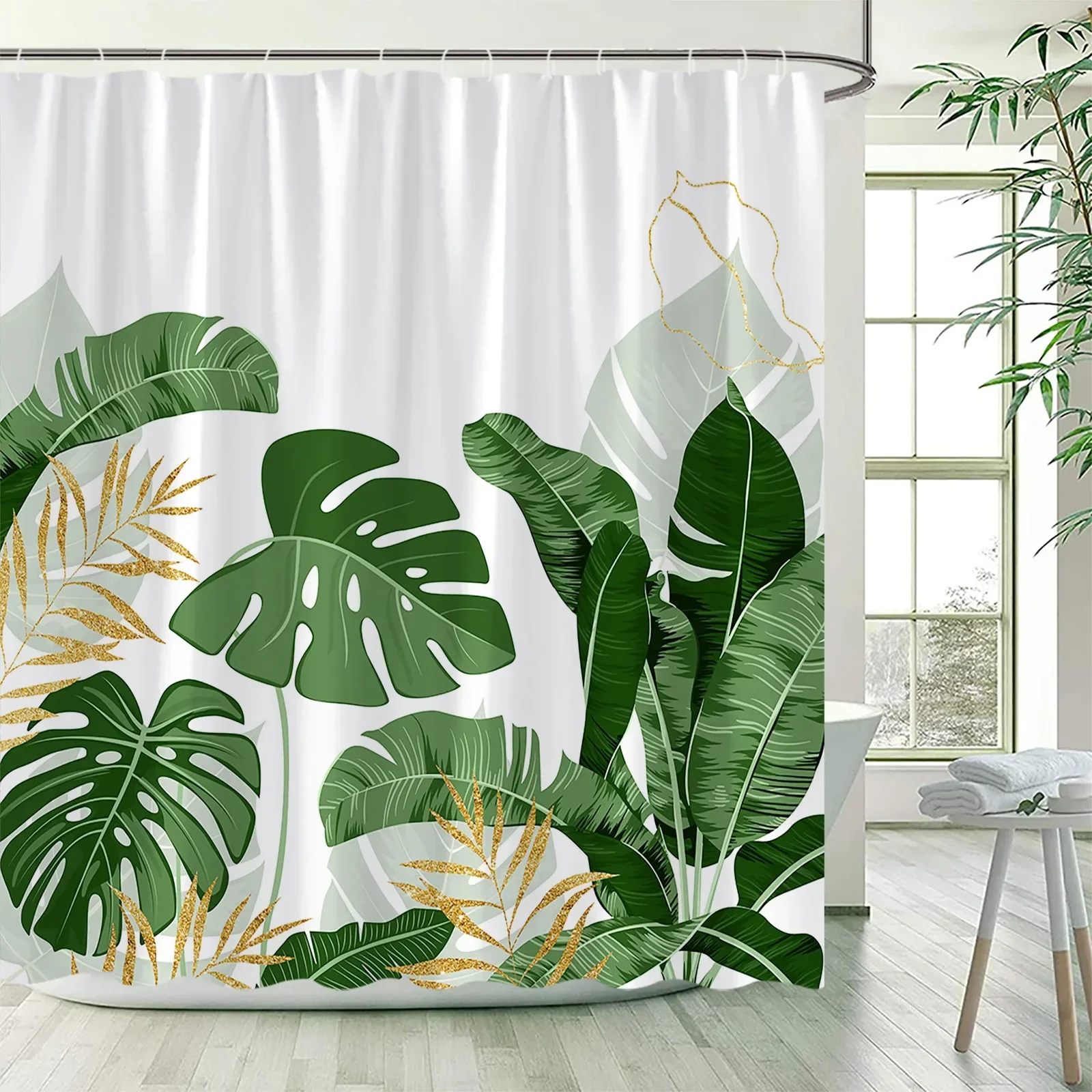 Tropical Plants Floral Shower Curtains Beige Green Palm Leaves Flowers Nordic Decor Bathroom Polyester Bath Curtain with Hooks