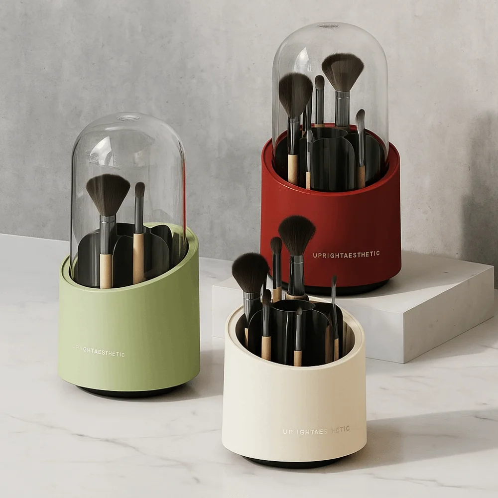 Large Capacity 360° Rotating Makeup Brushes Holder Dustproof Waterproof Cosmetic Storage Box Space Saving with Lid