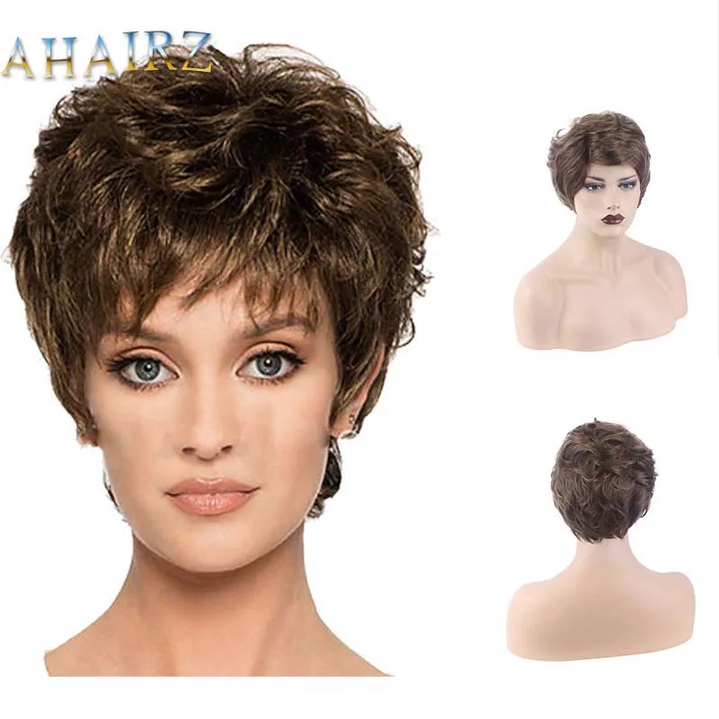 Synthetic Hair Brown Wig with Bangs Natural Short Curly Wig for White Woman High Temperature Ombre Mommy Wig for Daily Wear