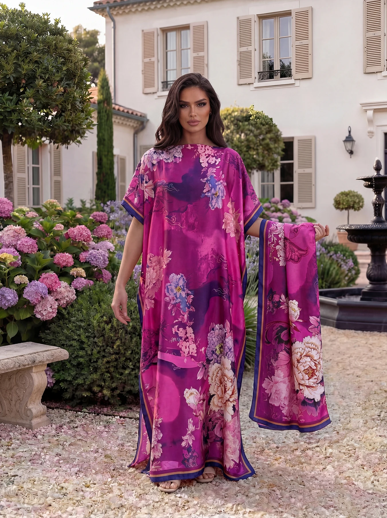 Stunning Floral Print Abaya 2 Piece Set for Women, Silky Kaftan Long Dress and Hijab, Luxury Islamic Party & Daily Wear
