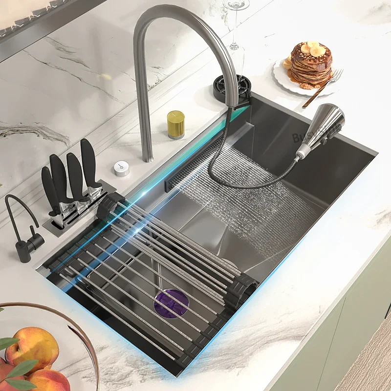 Stainless Steel Kitchen Sink Oversized Waterfall Sink Super Large Single Slot Big Washing Basin Multifunctional Washing Pond