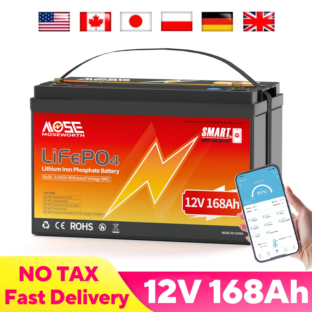 

12V 168Ah LiFePO4 Battery with Bluetooth BMS Rechargeable Group 31 Lithium Battery for RV Camper Off-Road Off-grid Solar 12.8V