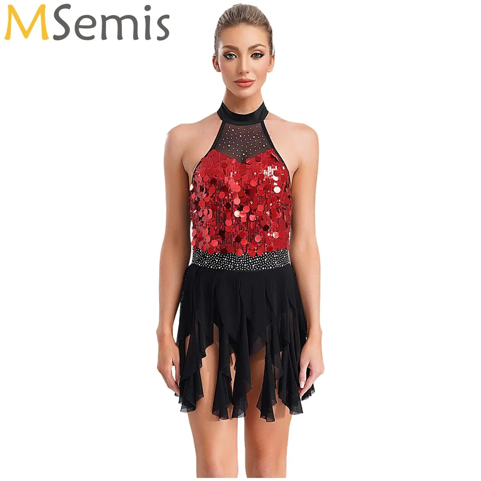 

Womens Ballet Lyrical Dance Dress Halter Sequins Gymnastics Overlay Leotards Latin Jazz Latin Cha-cha Dance Performance Costumes