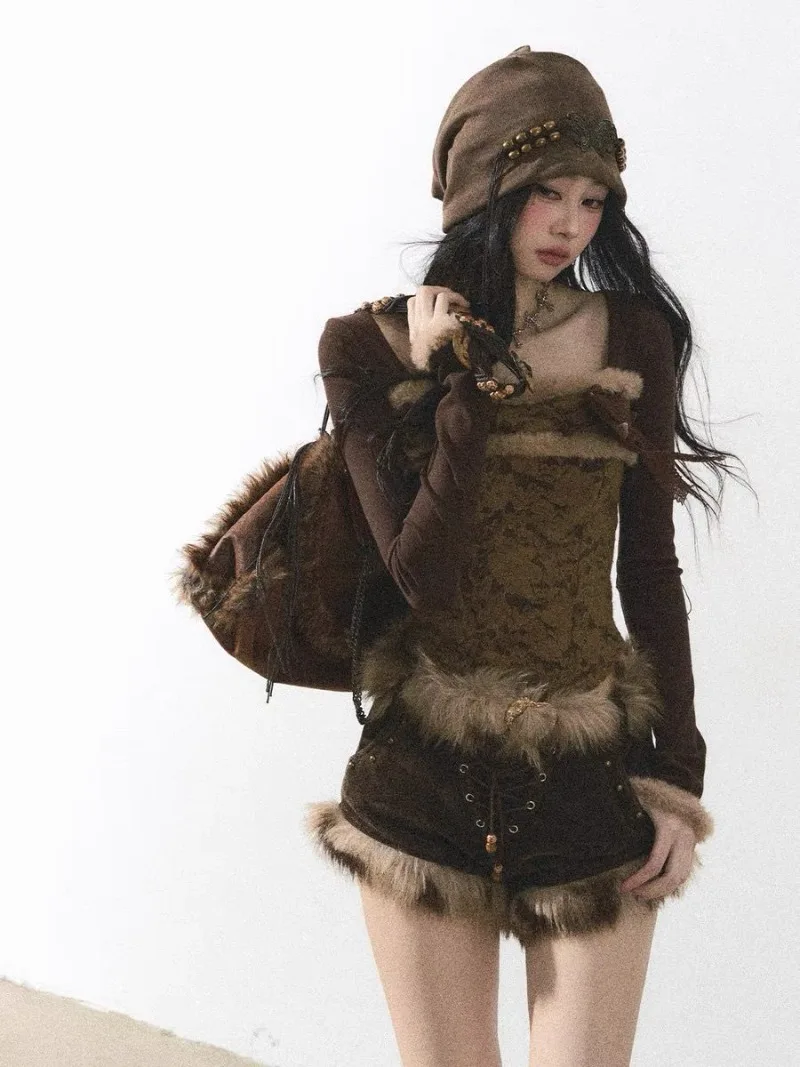 Punk Vintage American High Street Spliced Design Two Piece Sets Square Collar Long Sleeve Harajuku Tops Y2k Faux Fur Shorts