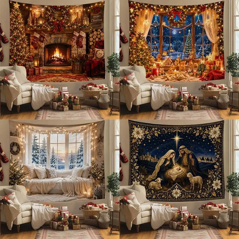 VIKAMA Christmas Wall Tapestry Set of 4, Fireplace Window Snow Nativity Scene Festive Holiday Party Decor for Living Room