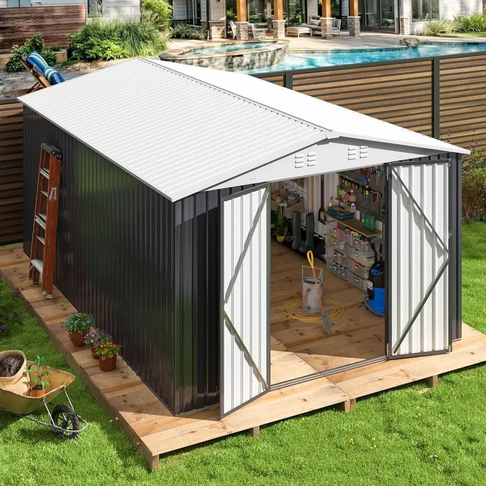 

White 10x14 Outdoor Storage Shed with Durable Construction and Lockable Door for Garden and Patio Use
