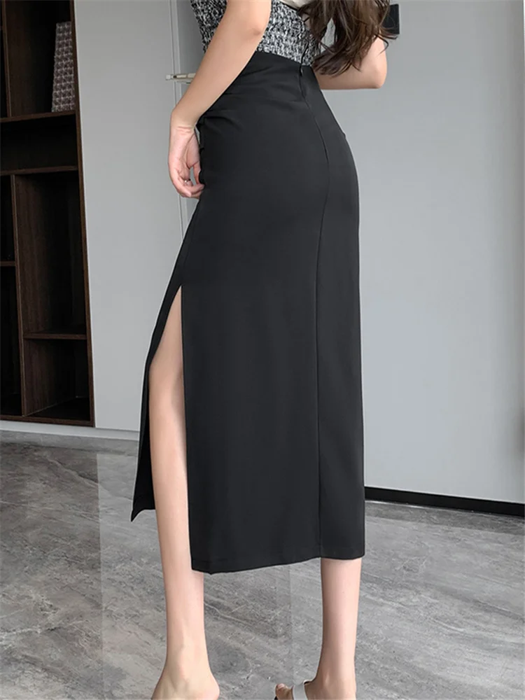 High Waist Side Split Women\'s Office Wrap Skirts 2023 New Spring Summer Korean Solid Pleated Straight Midi Black Skirts Ladies