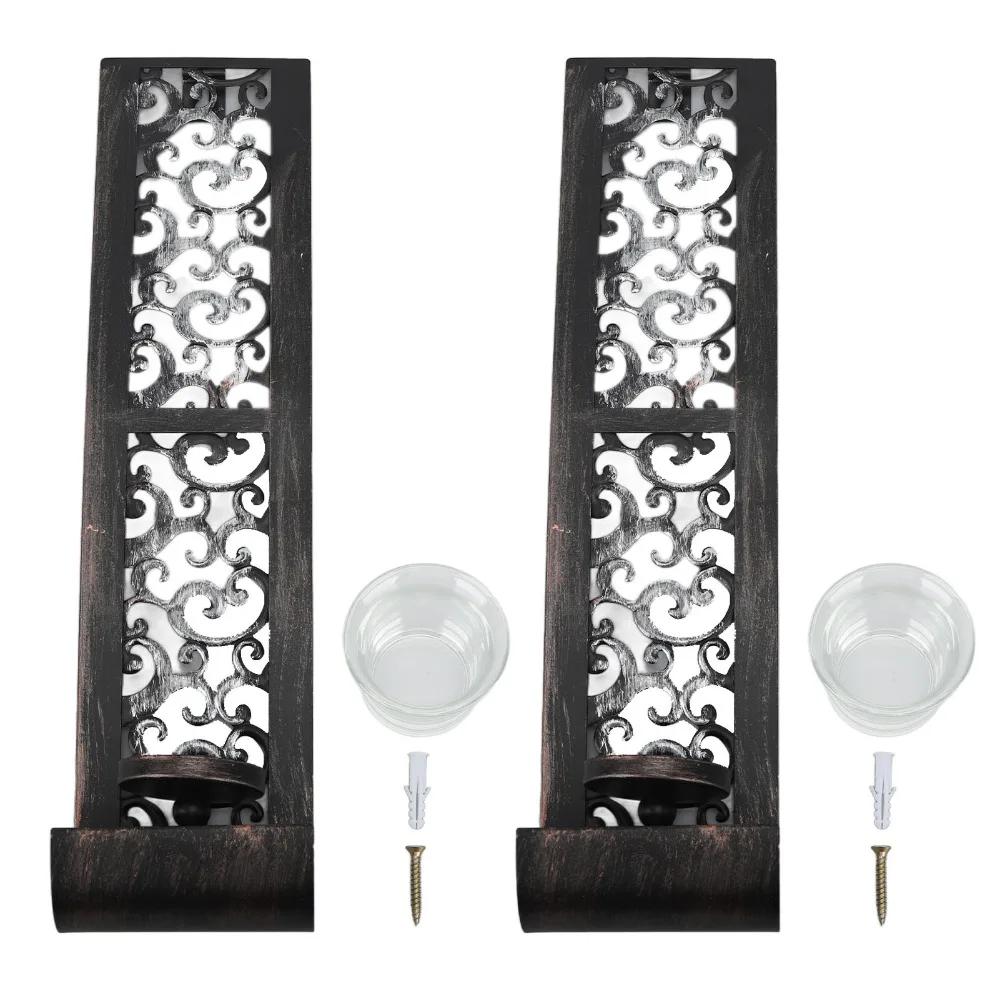 2pcs Elegant Iron Wall Candle Holder Balck 14.2x2.8x3.5in Wall Candle Sconce Hanging Design Wall Mount Candle Holder for Office